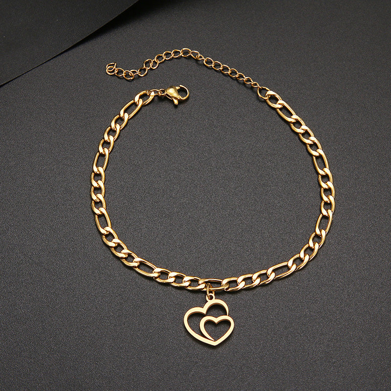 Stainless Steel Double Heart Charm Gold Chain Bracelet