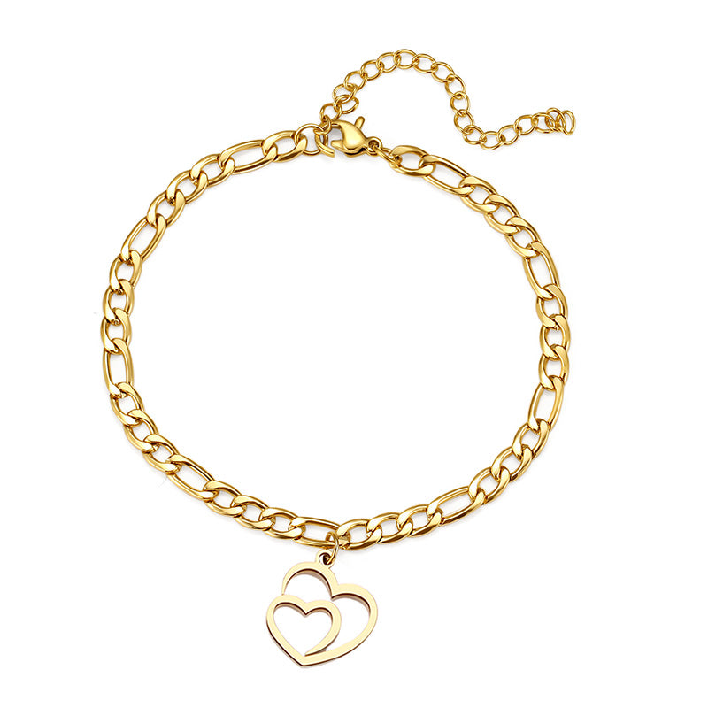 Stainless Steel Double Heart Charm Gold Chain Bracelet