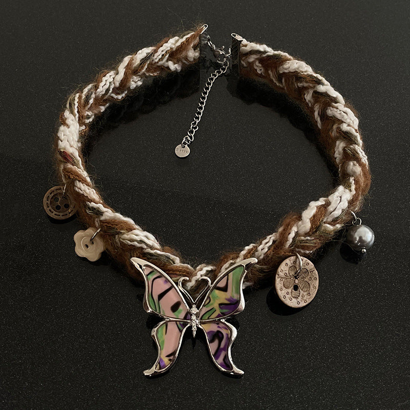 Maillard Wool Choker Butterfly Button Necklace
