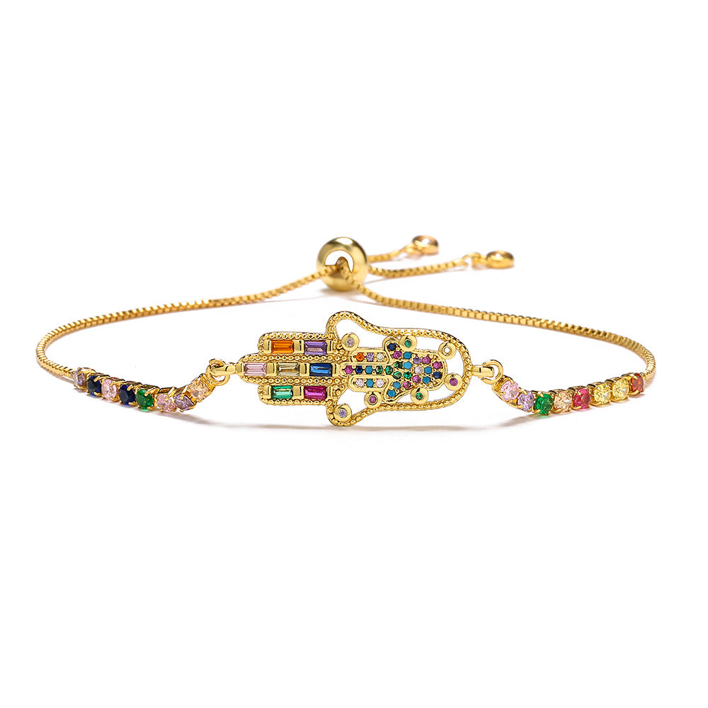 Gold Zircon Fatima Hand Geometric Charm Bracelet