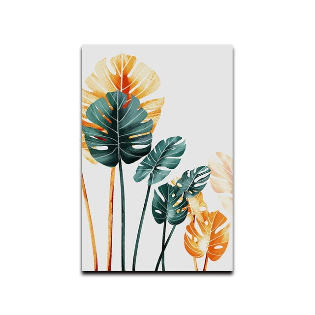 Simple Green Tropical Plant Gold Green Leaf Wall Art Oil Painting