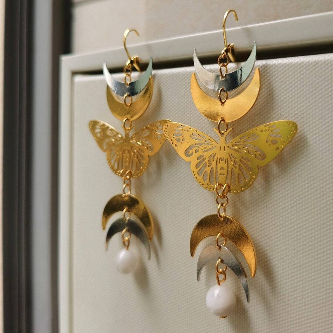 Cutout Gold Plated Moth Drop Earrings