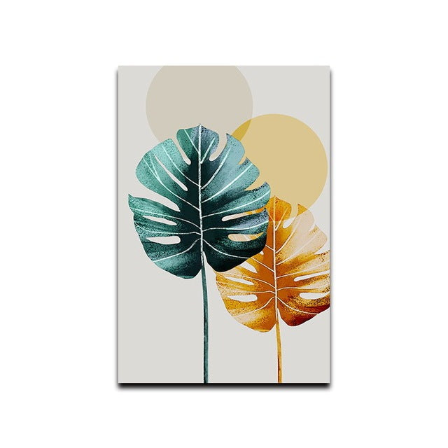 Simple Green Tropical Plant Gold Green Leaf Wall Art Oil Painting