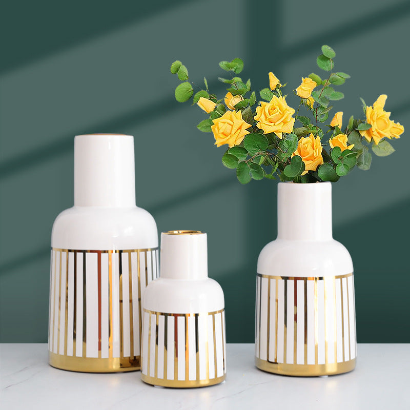 Gold-Plated Ceramic Vase Ornaments Golden Stripes Green Plant Hydroponic Flower Device