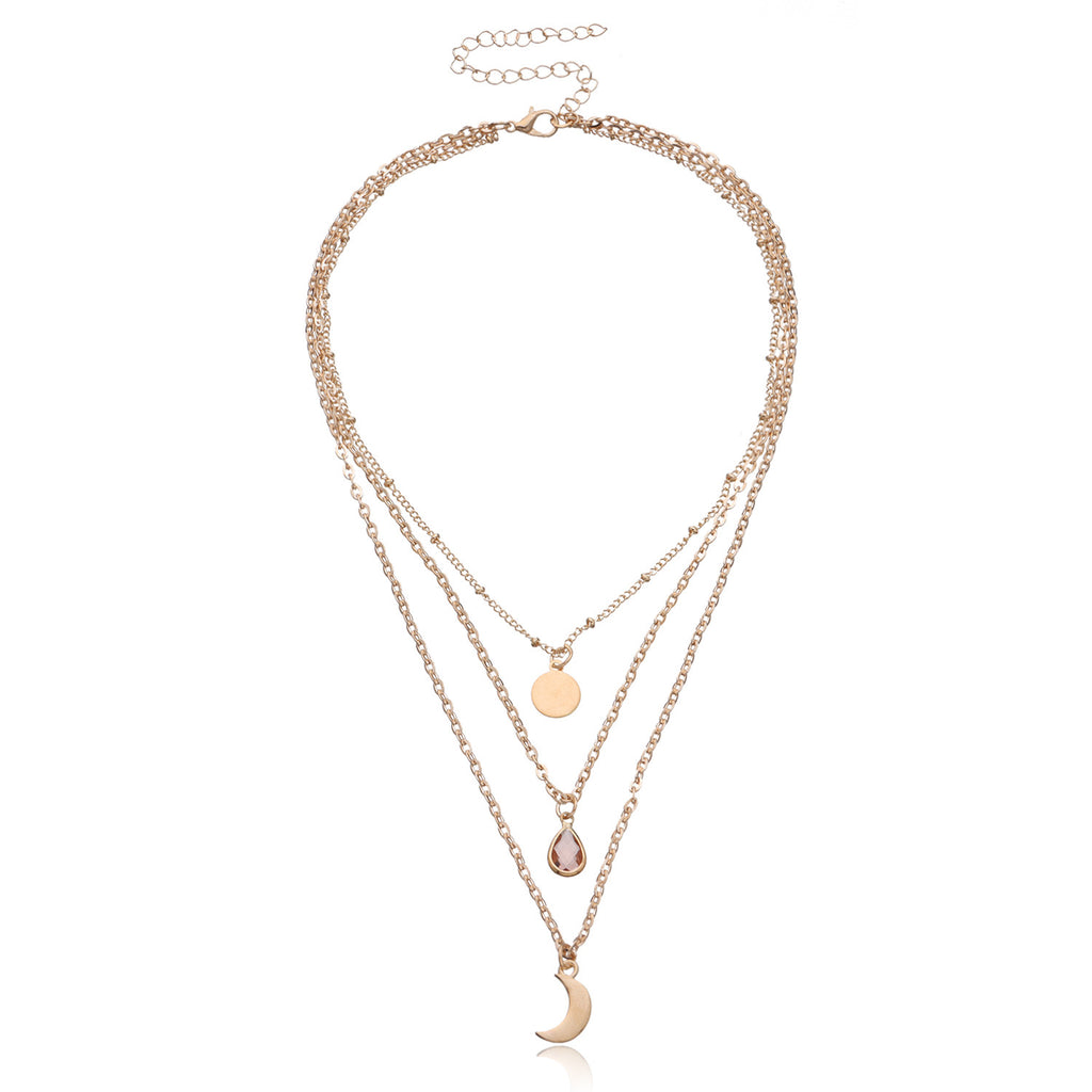 Vintage Bohemia Gold Coin letter Layered Chain Necklace For Women Shell Pearl Moon Long