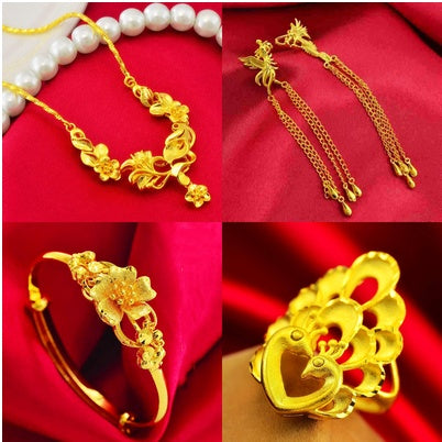 Sand Gold Jewelry Dragon and Phoenix Necklace Female Earrings Earrings Ring Bracelet Bracelet Wedding Four-piece Set Valentine Gift