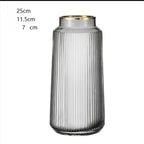 Light Luxury Retro Vertical Stripe Glass Vase With Gold Flower Arrangement