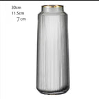 Light Luxury Retro Vertical Stripe Glass Vase With Gold Flower Arrangement