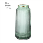 Light Luxury Retro Vertical Stripe Glass Vase With Gold Flower Arrangement