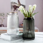 Light Luxury Retro Vertical Stripe Glass Vase With Gold Flower Arrangement