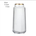 Light Luxury Retro Vertical Stripe Glass Vase With Gold Flower Arrangement