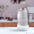 Light Luxury Retro Vertical Stripe Glass Vase With Gold Flower Arrangement