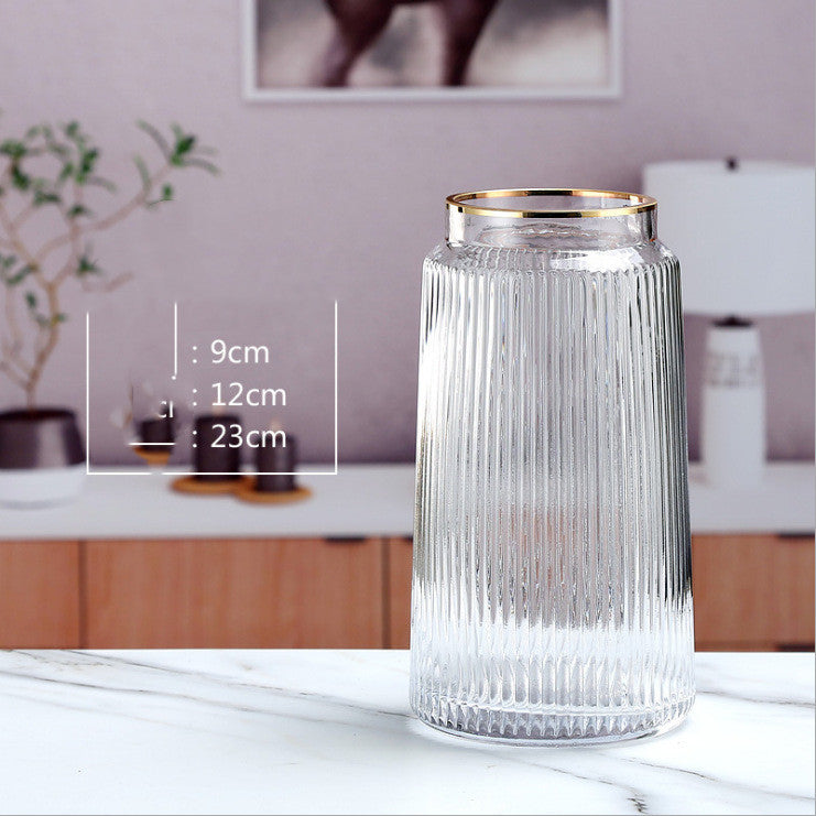 Light Luxury Retro Vertical Stripe Glass Vase With Gold Flower Arrangement