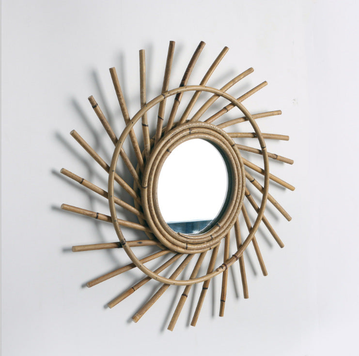 Gold Woven Decorative Mirror Nordic Primary Color Willow Mirror, Characteristic Handmade Bamboo Woven Homestay Nordic Log Wall Hanging Decoration