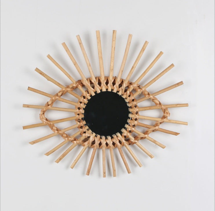 Gold Woven Decorative Mirror Nordic Primary Color Willow Mirror, Characteristic Handmade Bamboo Woven Homestay Nordic Log Wall Hanging Decoration