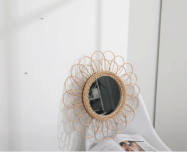 Gold Woven Decorative Mirror Nordic Primary Color Willow Mirror, Characteristic Handmade Bamboo Woven Homestay Nordic Log Wall Hanging Decoration