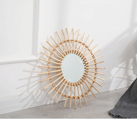 Gold Woven Decorative Mirror Nordic Primary Color Willow Mirror, Characteristic Handmade Bamboo Woven Homestay Nordic Log Wall Hanging Decoration