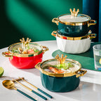 Instant Noodle Bowl Ceramic Dormitory Soup Bowl With Lid Household