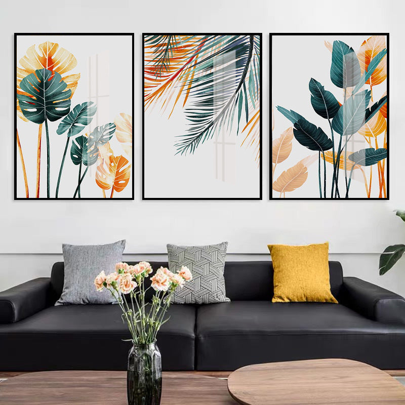 Simple Green Tropical Plant Gold Green Leaf Wall Art Oil Painting