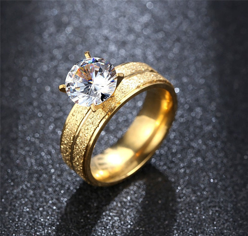 Stainless Steel Statement Ring Set Round Zircon Gold Women's Hand Jewelry