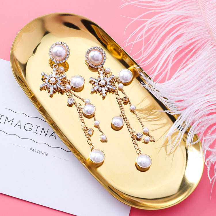 New Fashion Jewelry Crystal Snowflake Long Chain Tassel Earrings for Women Charm Pearl Statement Drop Dangle Earring