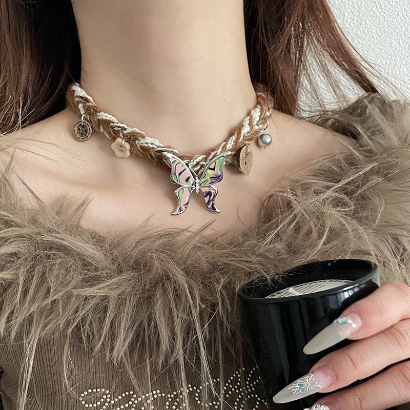 Maillard Wool Choker Butterfly Button Necklace