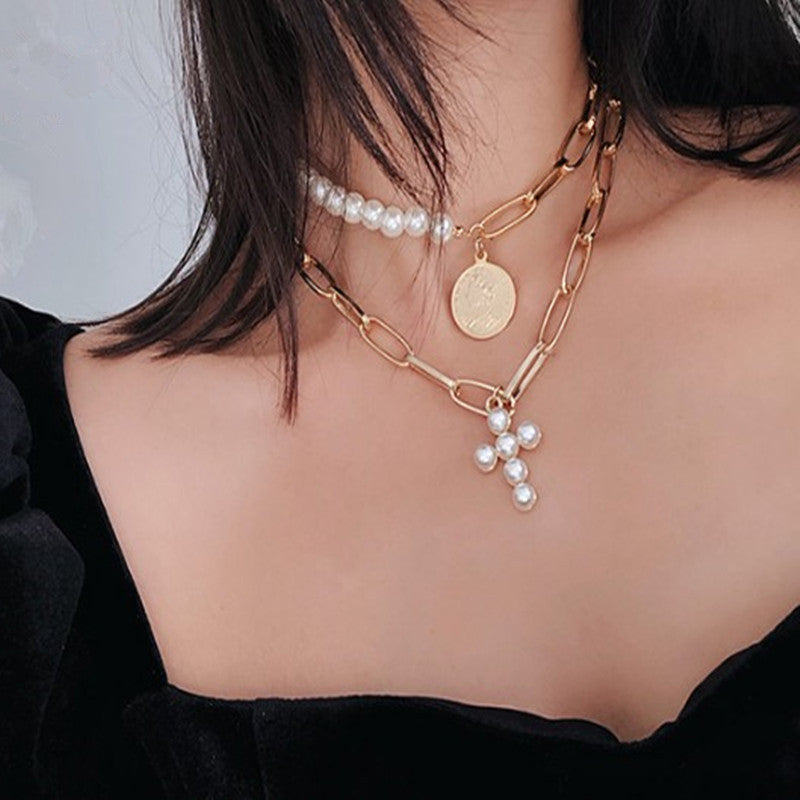 Luxury Design Imitation Pearls Choker Necklace Female Cross Pendant Necklaces for Women Gold Color Fashion Coin Jewelry