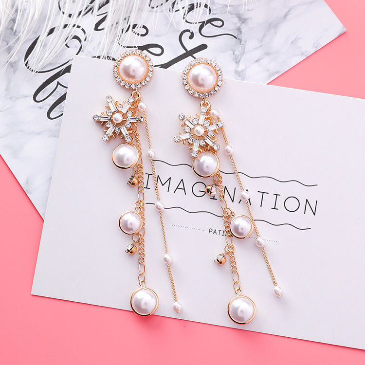 New Fashion Jewelry Crystal Snowflake Long Chain Tassel Earrings for Women Charm Pearl Statement Drop Dangle Earring