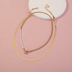 European and American ins minimalist style jewelry wild OT buckle double layered clavicle chain flat gold wire chain retro pearl necklace