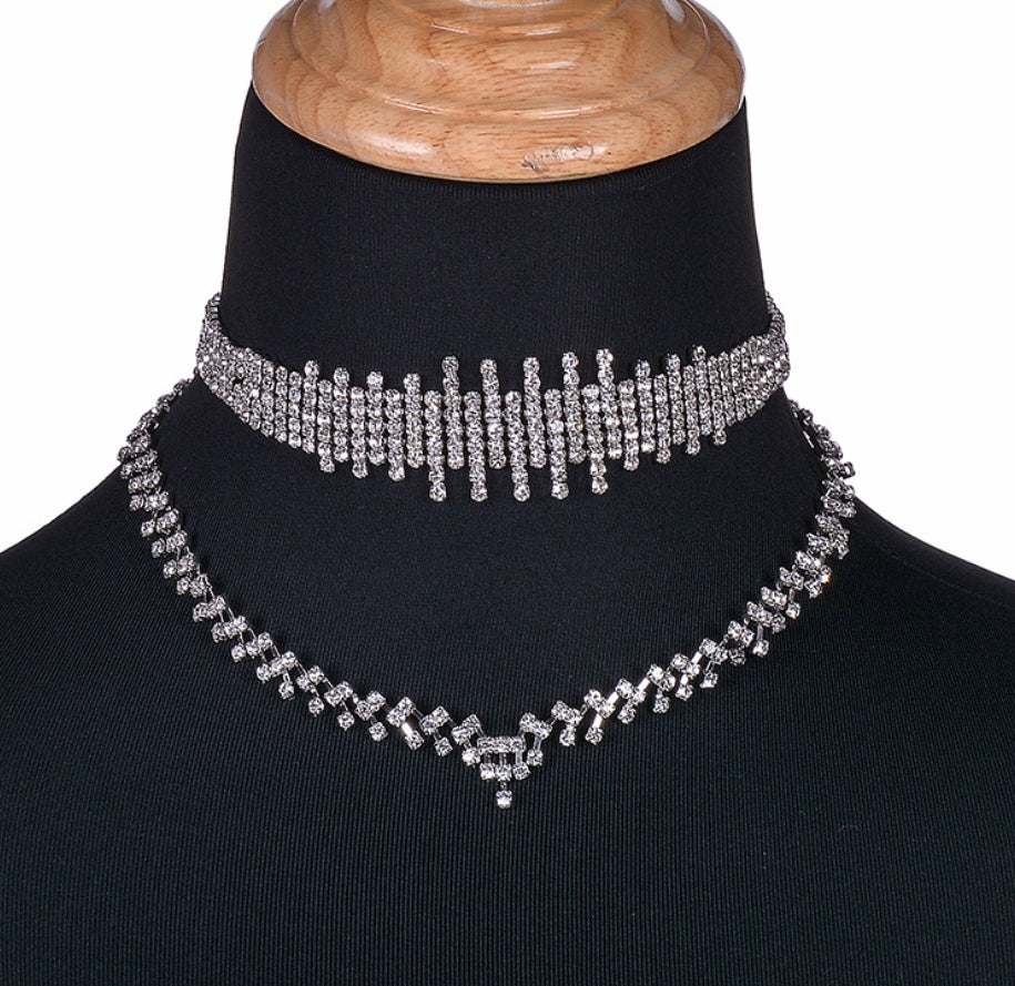 Rhinestone irregular double choker necklace necklace