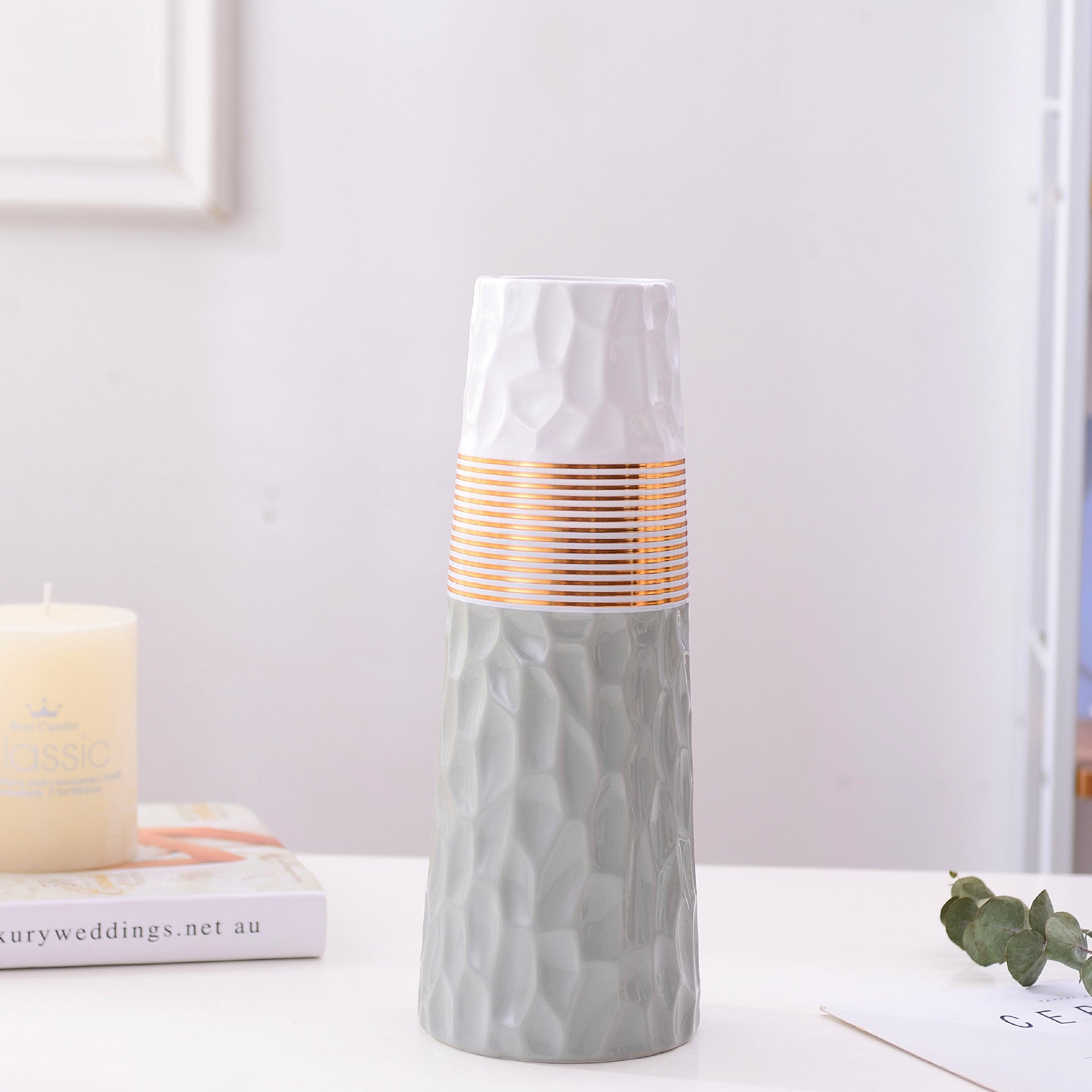 Nordic gold, white, black, pink and gray two-tone ceramic vase