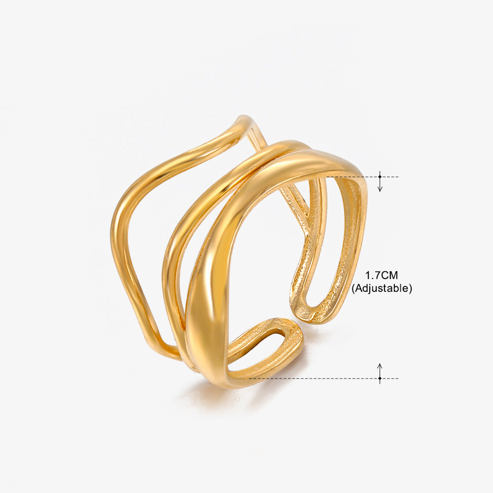 Three-layer Corrugated Stainless Steel Ring Female Popular 18K Gold-plated Line Adjustable Ring