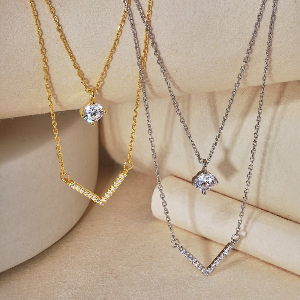 S925 Sterling Silver Plated 18K Gold Necklace Double Layered V-shaped Pendant