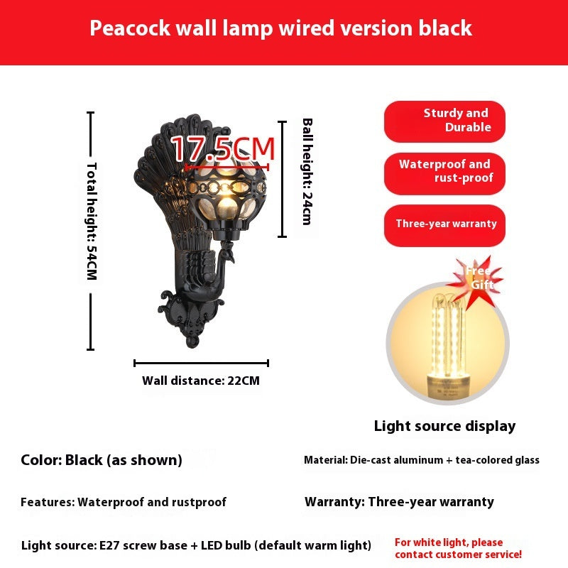 Retro Villa Gate Garden Peacock Outdoor Wall Lamp