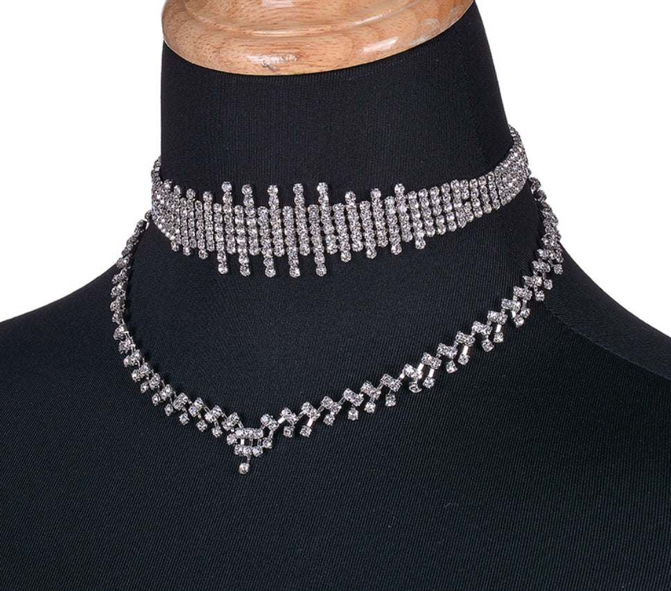 Rhinestone irregular double choker necklace necklace