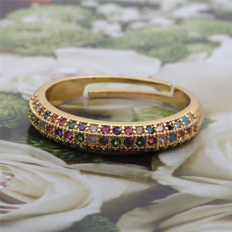 Colorful Zircon Jewelry Micro Setting Gold Adjustable Ring Women