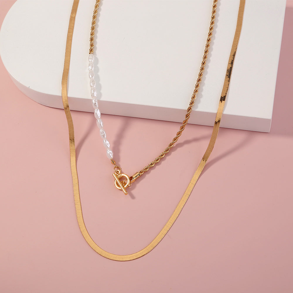 European and American ins minimalist style jewelry wild OT buckle double layered clavicle chain flat gold wire chain retro pearl necklace