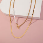 European and American ins minimalist style jewelry wild OT buckle double layered clavicle chain flat gold wire chain retro pearl necklace