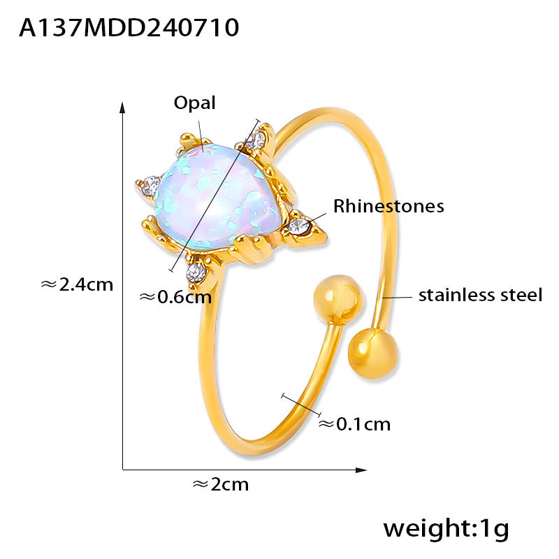 European And American Gem Rhinestone Ring Special Interest Light Luxury Open Adjustable Stainless Steel 18K Gold Plating