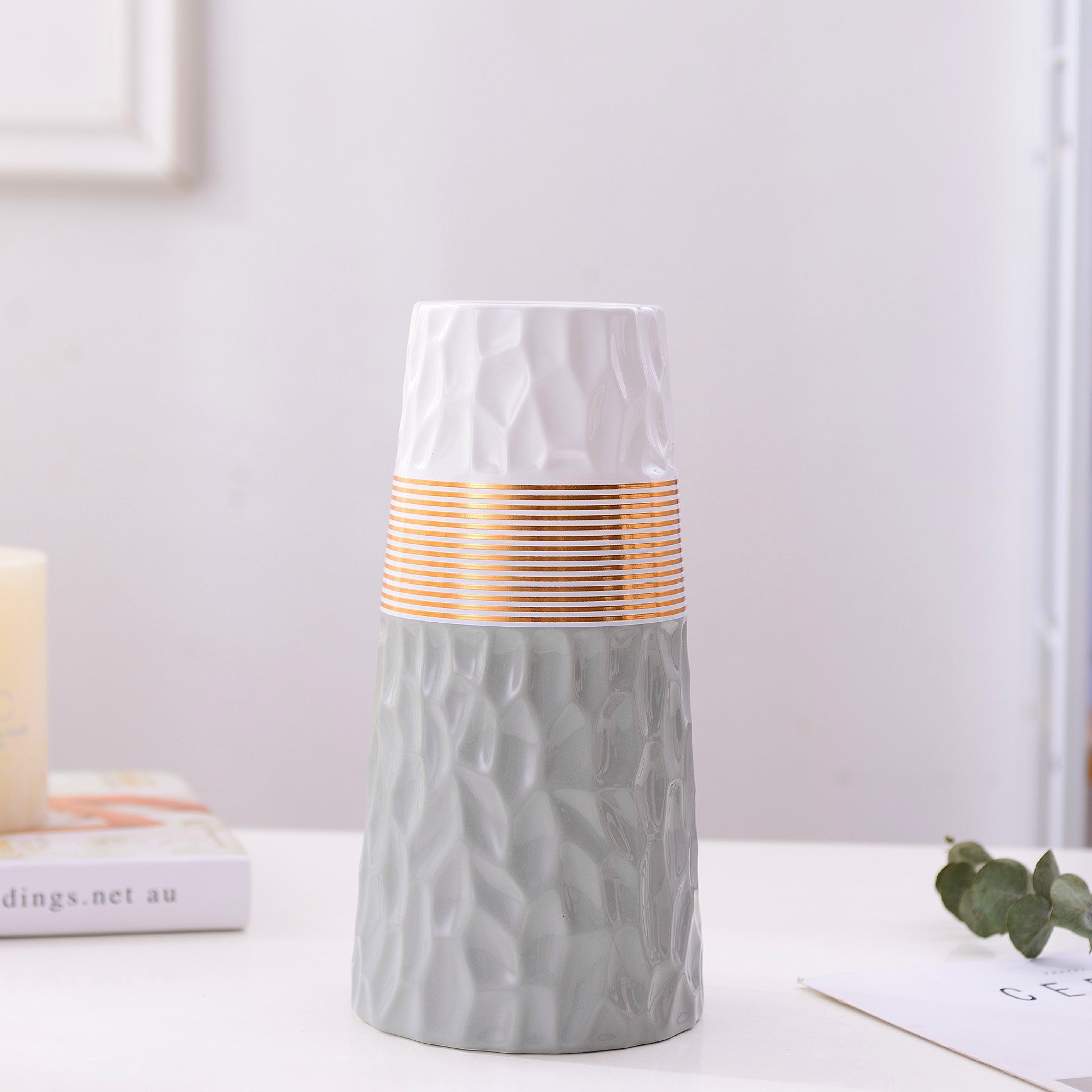 Nordic gold, white, black, pink and gray two-tone ceramic vase