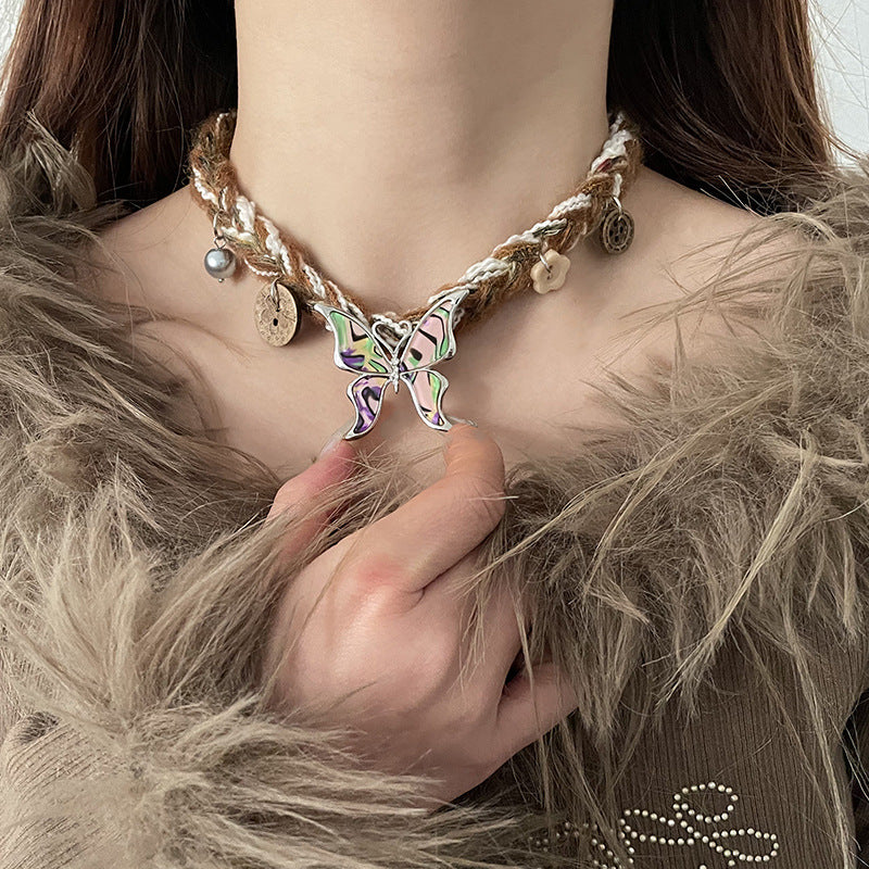 Maillard Wool Choker Butterfly Button Necklace