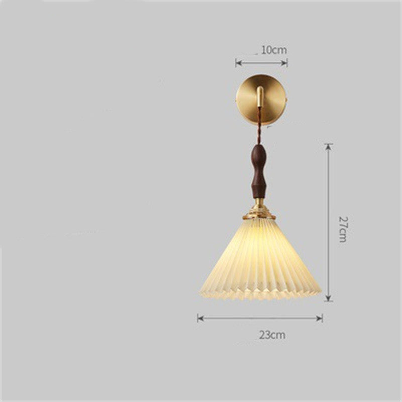 Brass Retro Japanese Bedroom Bedside Single Pleated Walnut Chandelier