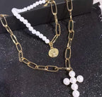 Luxury Design Imitation Pearls Choker Necklace Female Cross Pendant Necklaces for Women Gold Color Fashion Coin Jewelry