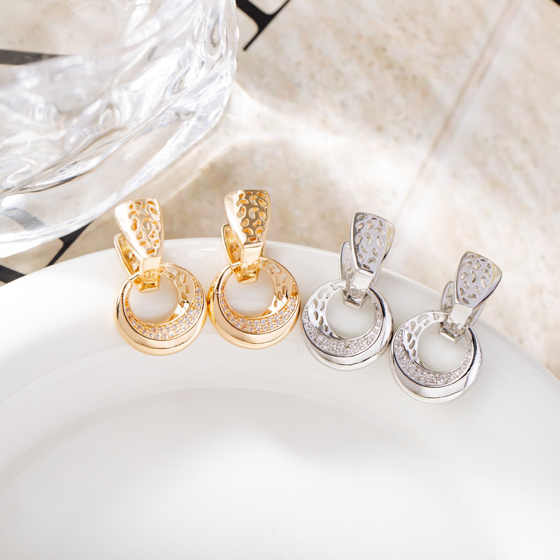 Luxury Hollow Round Moon Rose Gold Silver Color Drop Earrings For Women Micro-wax Inlay Natural Zircon Flower Bridal Wedding Daily Jewelry For Women