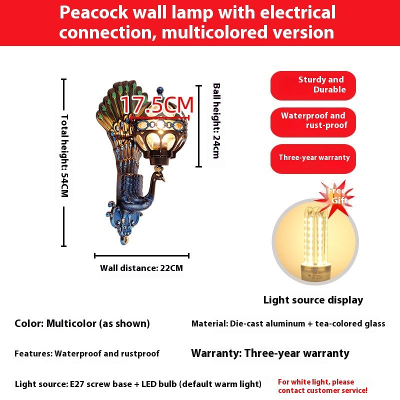 Retro Villa Gate Garden Peacock Outdoor Wall Lamp