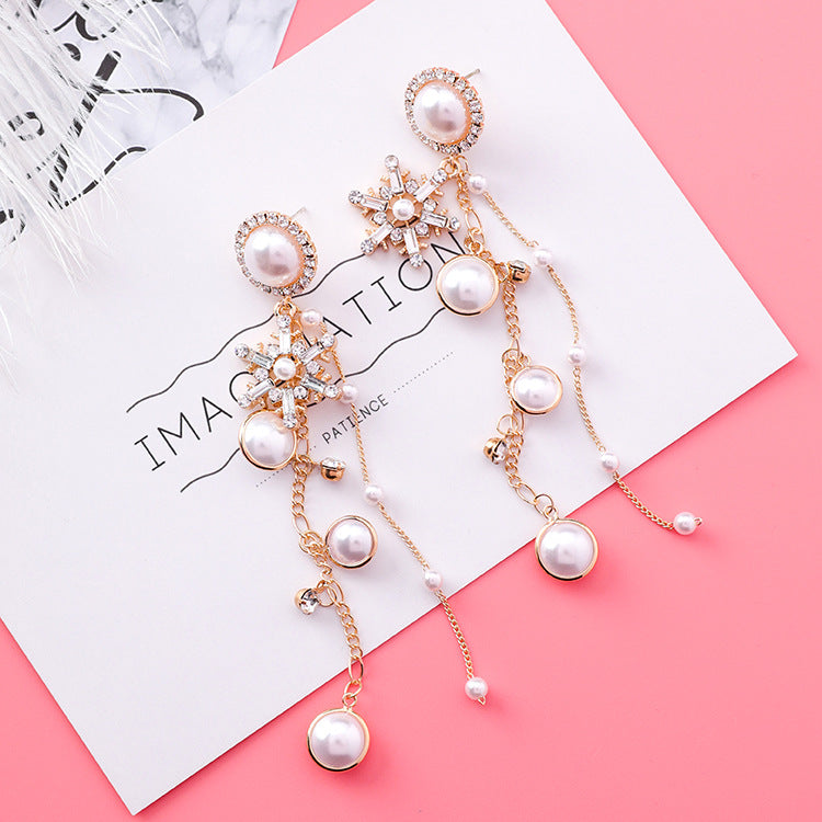 New Fashion Jewelry Crystal Snowflake Long Chain Tassel Earrings for Women Charm Pearl Statement Drop Dangle Earring
