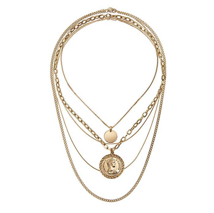 Gold coin portrait multi-layered necklace