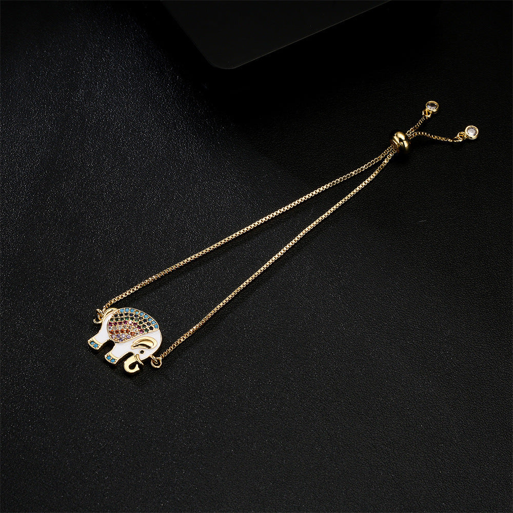 Dripping Zircon Elephant Charm Gold Bracelet Pull Adjustable
