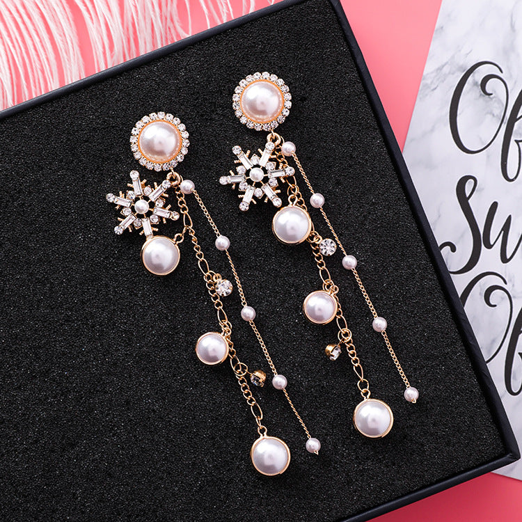 New Fashion Jewelry Crystal Snowflake Long Chain Tassel Earrings for Women Charm Pearl Statement Drop Dangle Earring