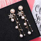 New Fashion Jewelry Crystal Snowflake Long Chain Tassel Earrings for Women Charm Pearl Statement Drop Dangle Earring